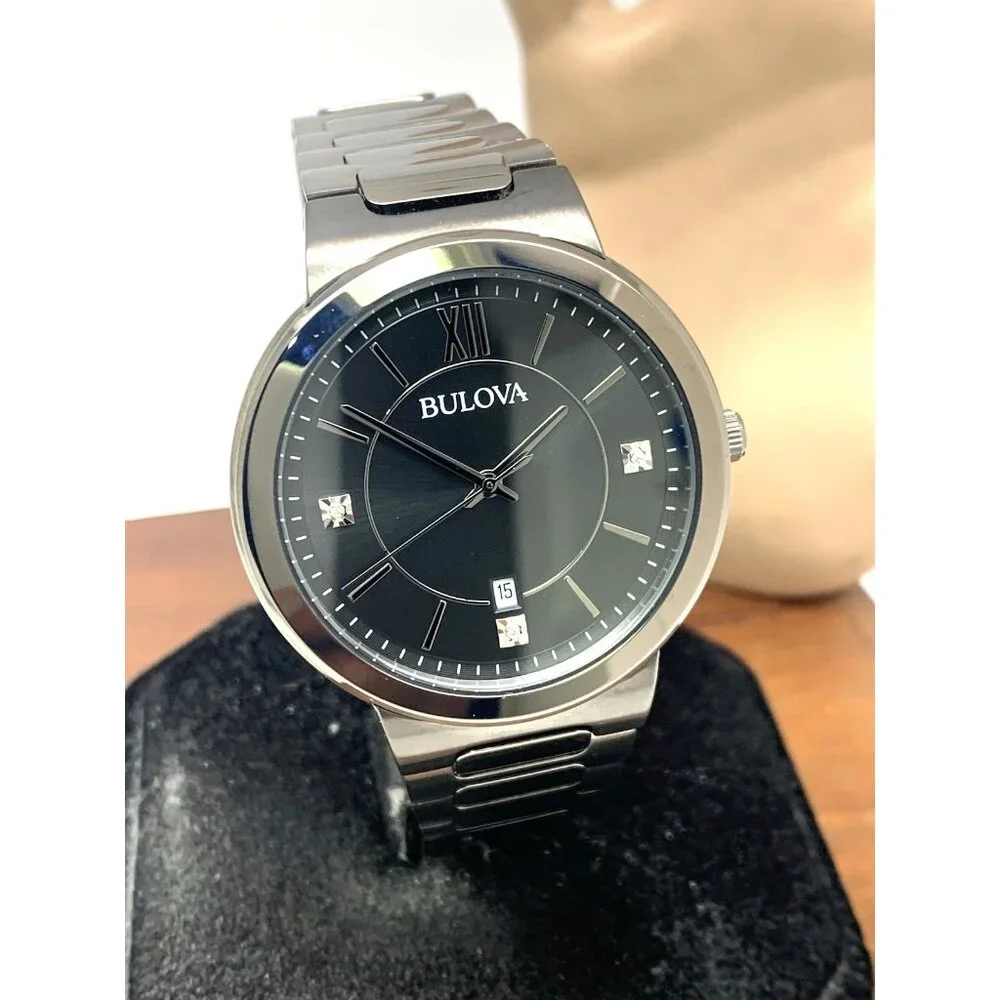 Bulova Mens Watch 98D162 Quartz Gunmetal Black Diamond Dial Stainless Steel 41mm